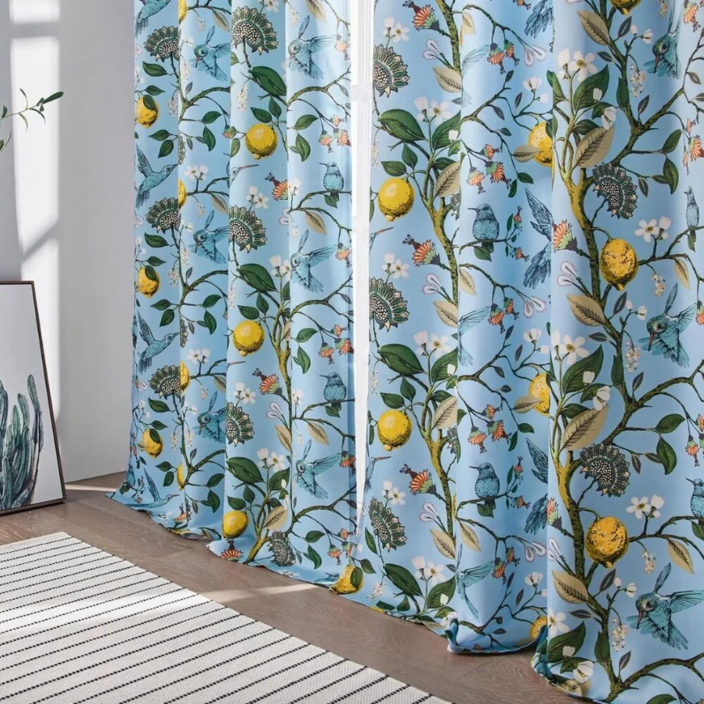 Floral Lemon Hummingbird Curtains Patterned Waverly Mid-Century Style